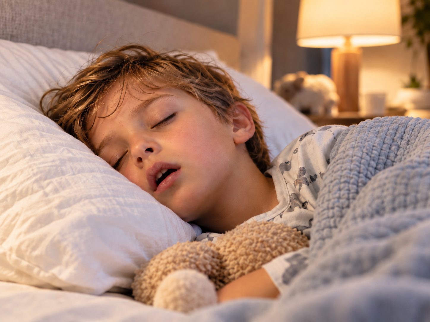 A young boy asleep on his side with his mouth open, holding a stuffed toy.