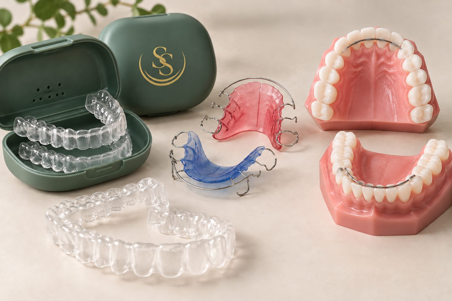 Clear retainers, colourful Hawley retainers and a bonded retainer on a model, beside two Sharp Smiles retainer cases.
