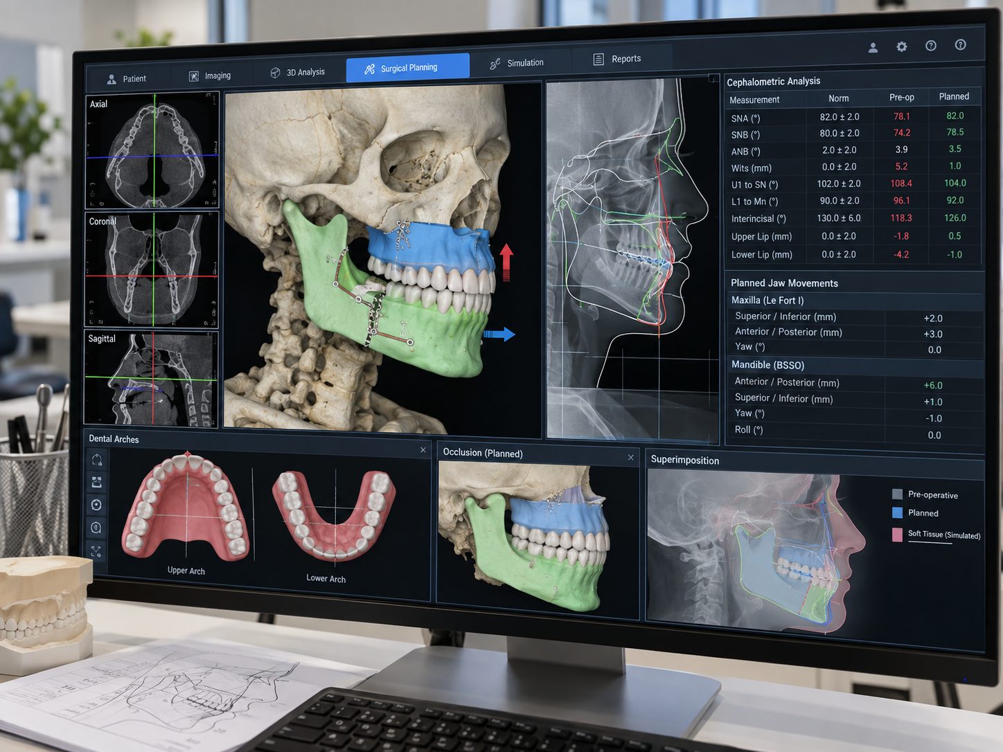 Jaw surgery planning software on a monitor, showing a 3D skull with the planned upper and lower jaw movements.