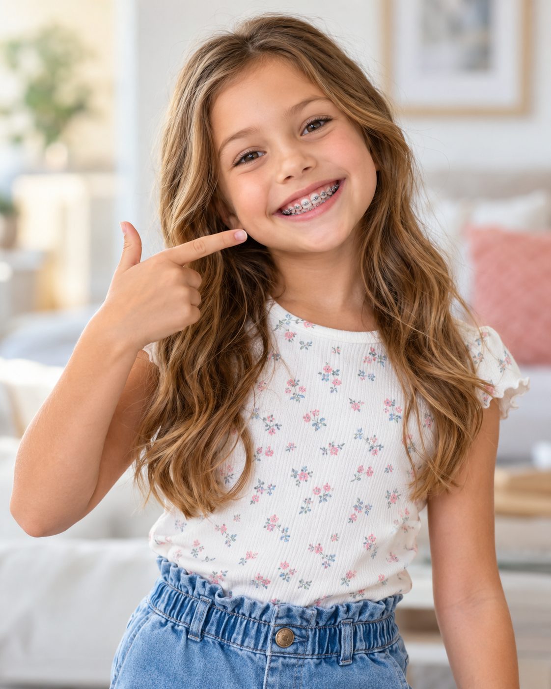 A smiling young girl with braces pointing at her smile.